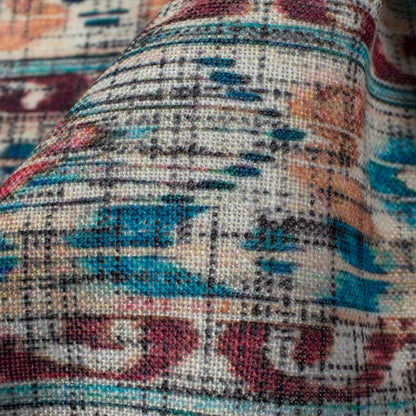 Teal Green And Hickory Brown Ethnic Pattern Digital Print Linen Textured Fabric (Width 56 Inches)