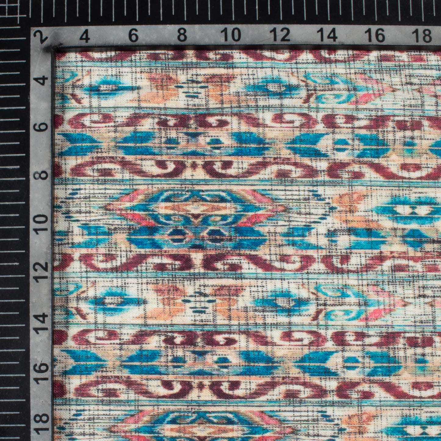 Teal Green And Hickory Brown Ethnic Pattern Digital Print Linen Textured Fabric (Width 56 Inches)