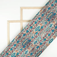 Teal Green And Hickory Brown Ethnic Pattern Digital Print Linen Textured Fabric (Width 56 Inches)