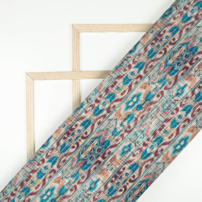 Teal Green And Hickory Brown Ethnic Pattern Digital Print Linen Textured Fabric (Width 56 Inches)