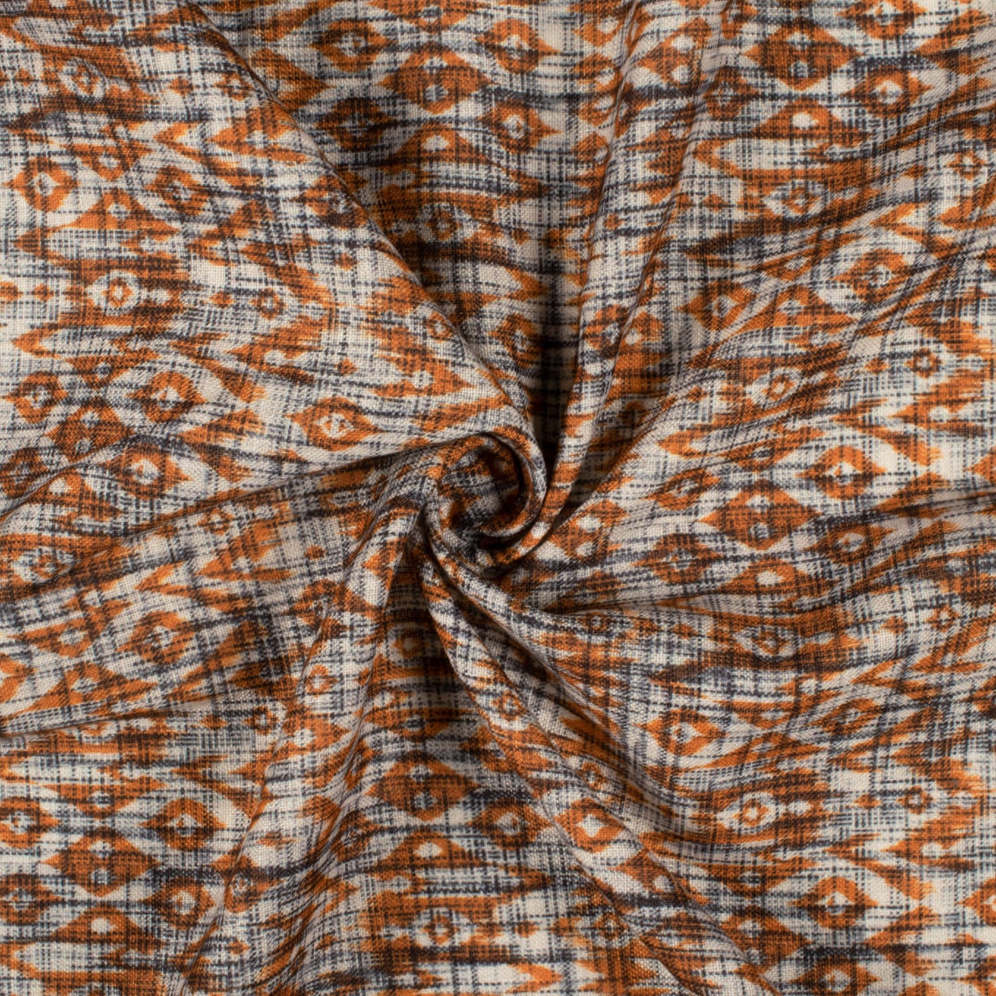 Beige And Spice Orange Ethnic Pattern Digital Print Linen Textured Fabric (Width 56 Inches)
