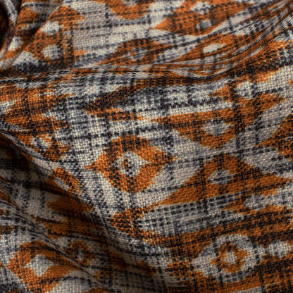 Beige And Spice Orange Ethnic Pattern Digital Print Linen Textured Fabric (Width 56 Inches)