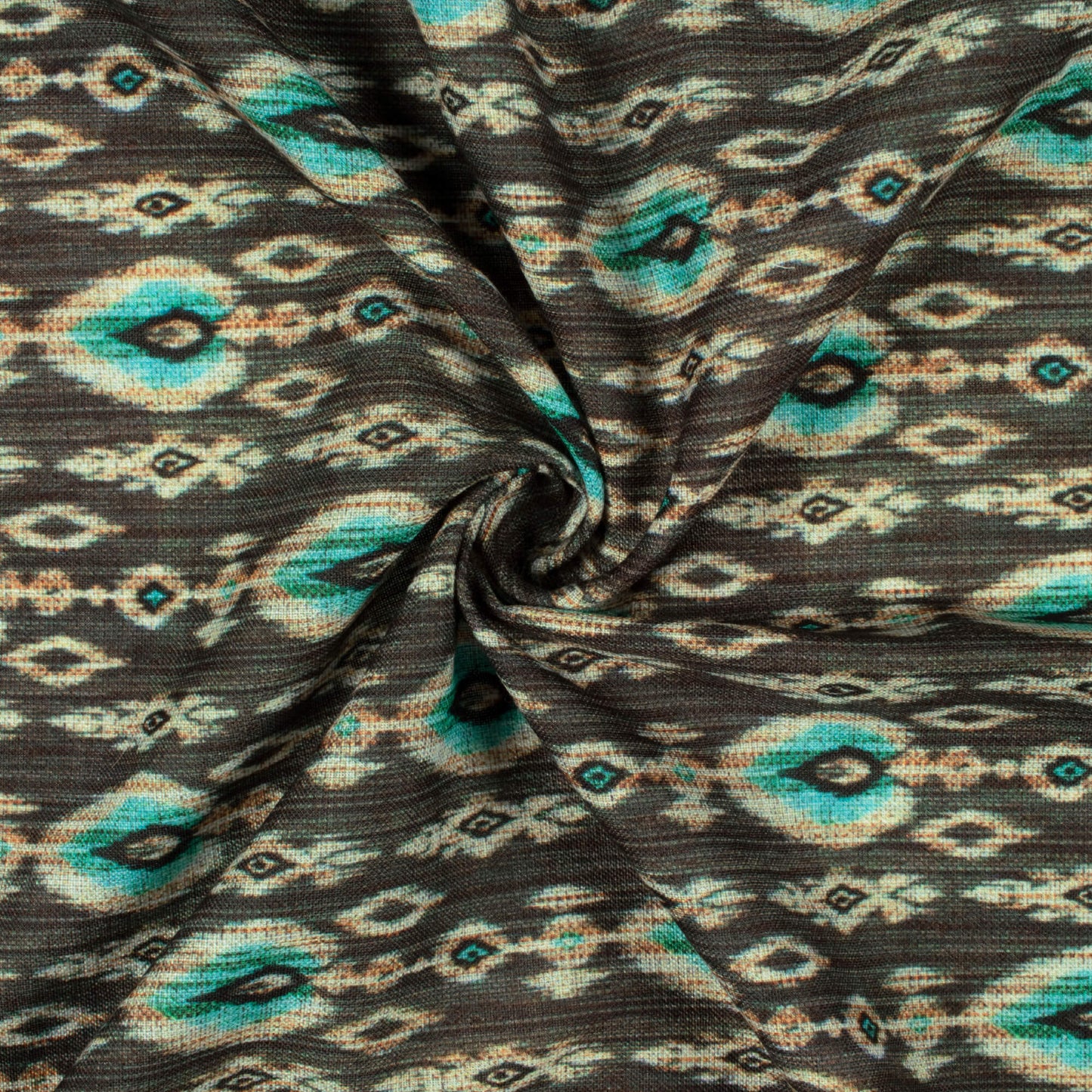 Uniform Green And Aqua Blue Ethnic Pattern Digital Print Linen Textured Fabric (Width 56 Inches)