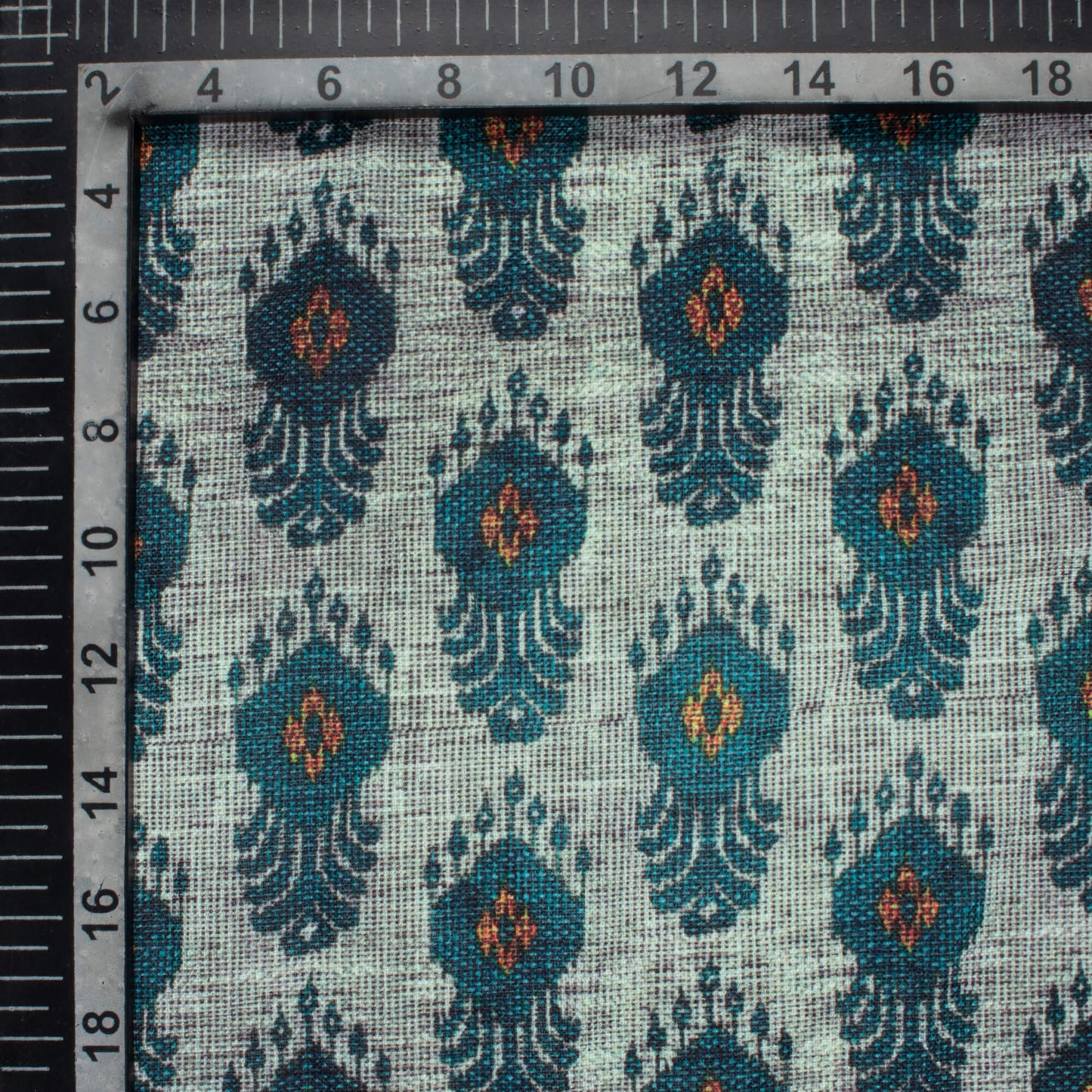 Steel Grey And Pine Green Ethnic Pattern Digital Print Linen Textured Fabric (Width 56 Inches)