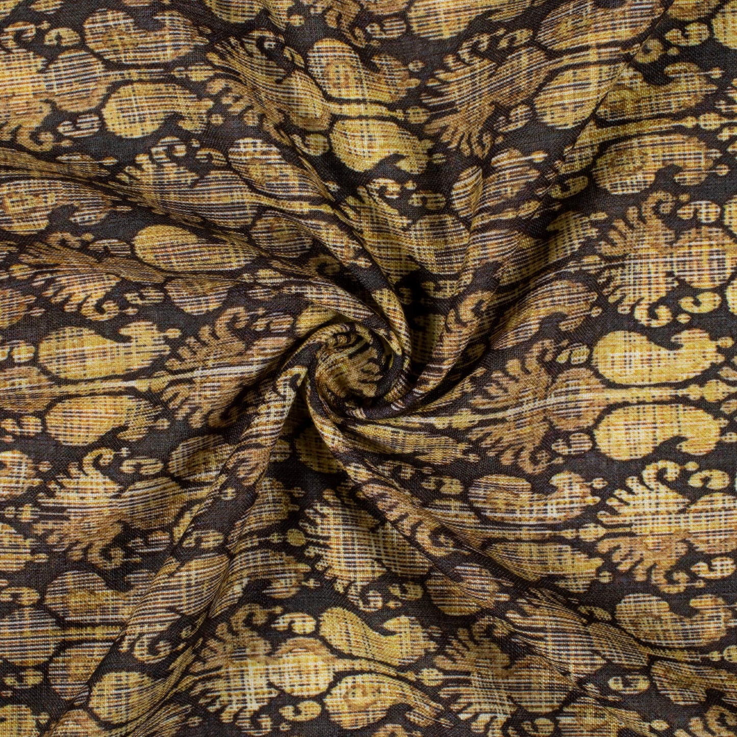 Corn Yellow And Black Ethnic Pattern Digital Print Linen Textured Fabric (Width 56 Inches)