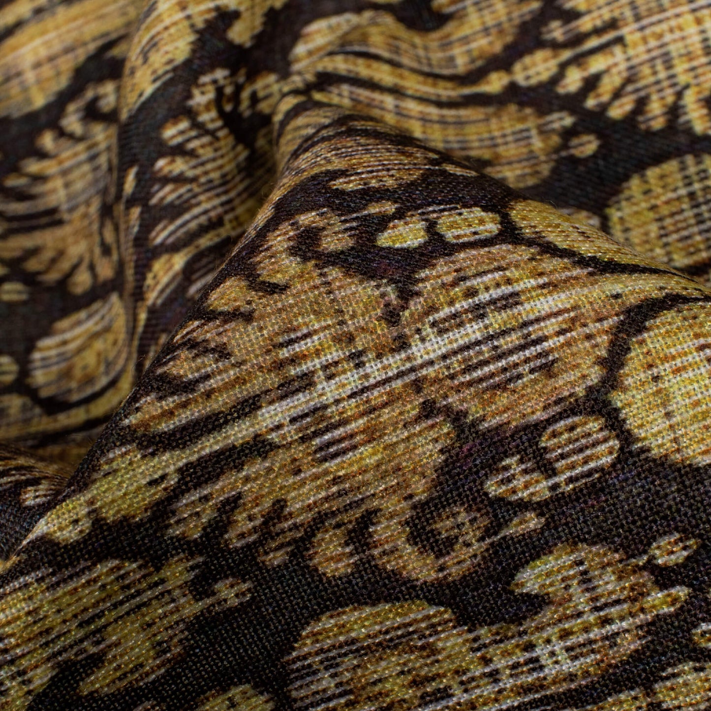 Corn Yellow And Black Ethnic Pattern Digital Print Linen Textured Fabric (Width 56 Inches)