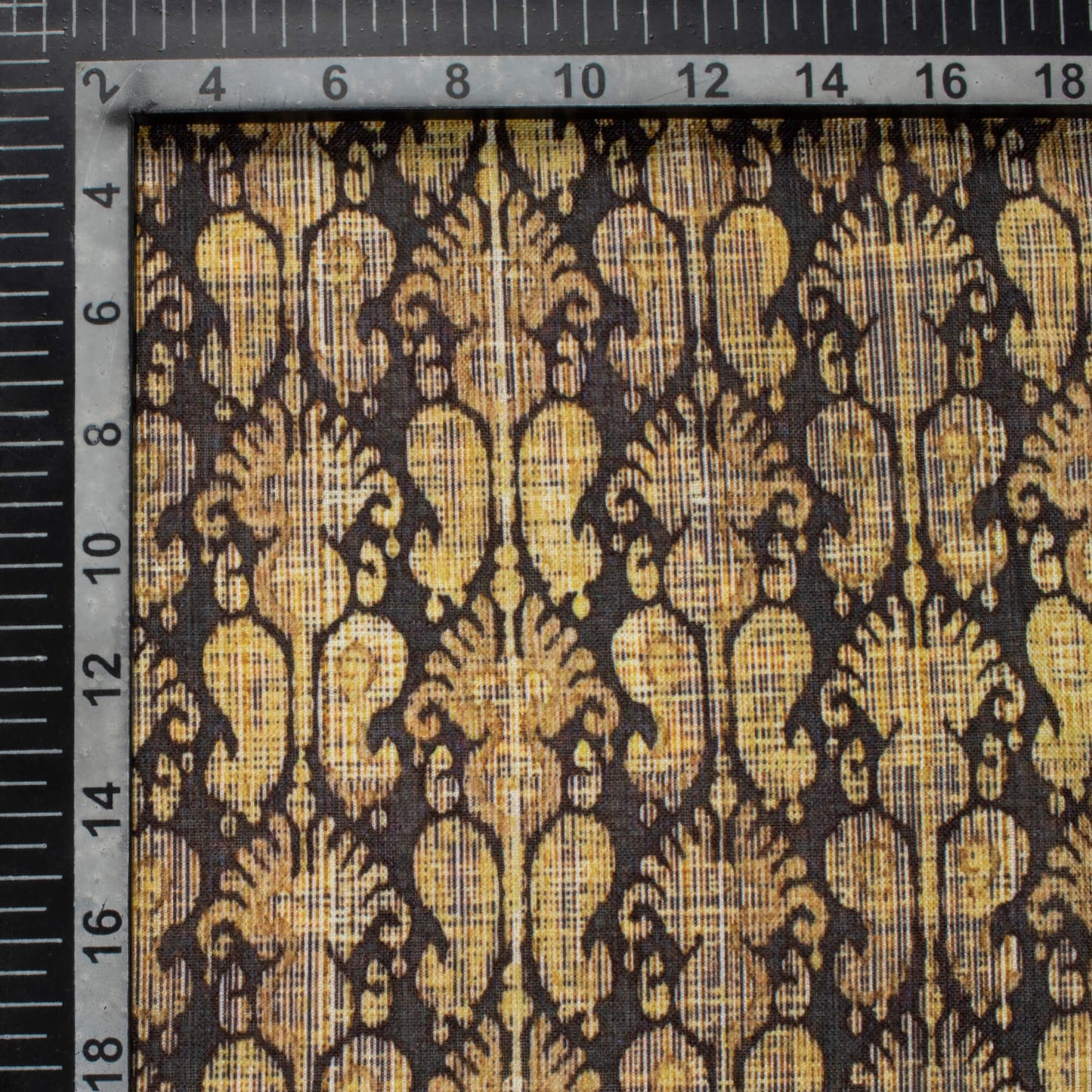 Corn Yellow And Black Ethnic Pattern Digital Print Linen Textured Fabric (Width 56 Inches)