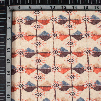 Ivory Cream And Red Geometric  Pattern Digital Print Linen Textured Fabric (Width 56 Inches)