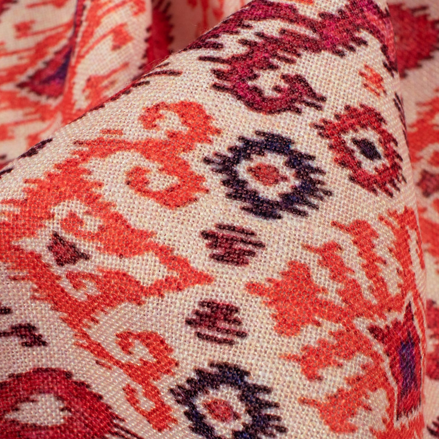 Ivory Cream And Salamander Orange Ethnic Pattern Digital Print Linen Textured Fabric (Width 56 Inches)