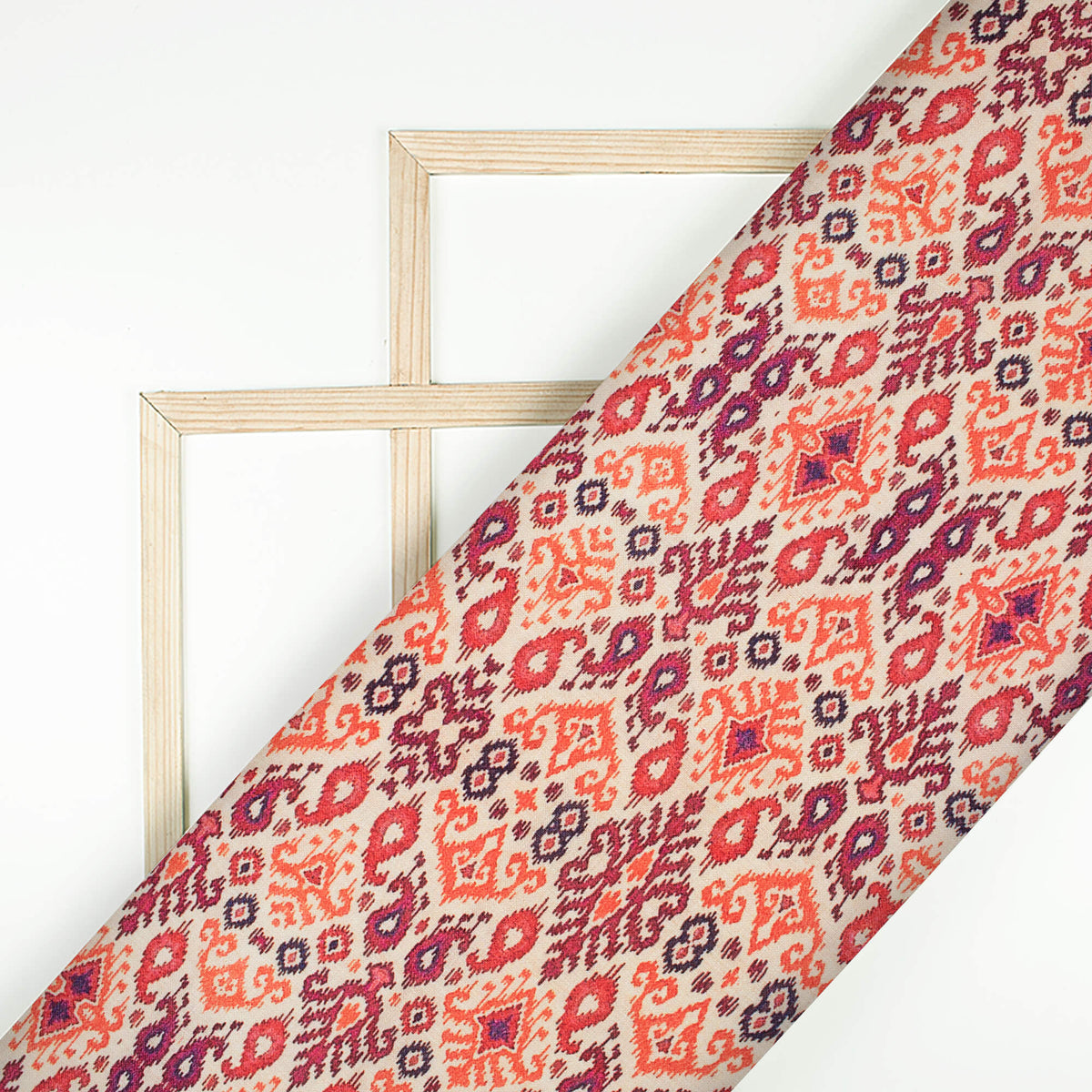 Ivory Cream And Salamander Orange Ethnic Pattern Digital Print Linen Textured Fabric (Width 56 Inches)