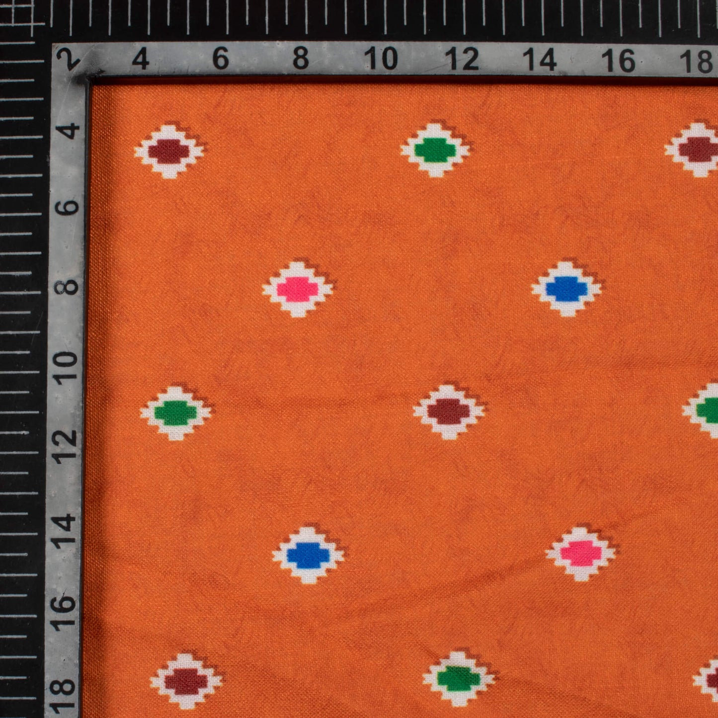 Burnt Orange And Blue Geometric Pattern Digital Print Linen Textured Fabric (Width 56 Inches)