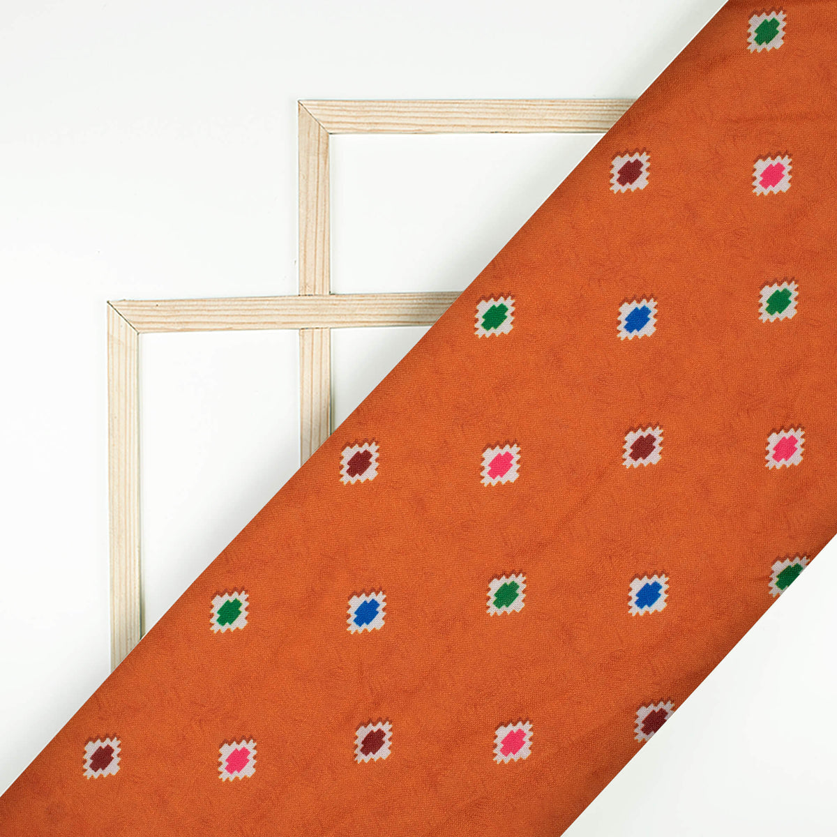 Burnt Orange And Blue Geometric Pattern Digital Print Linen Textured Fabric (Width 56 Inches)