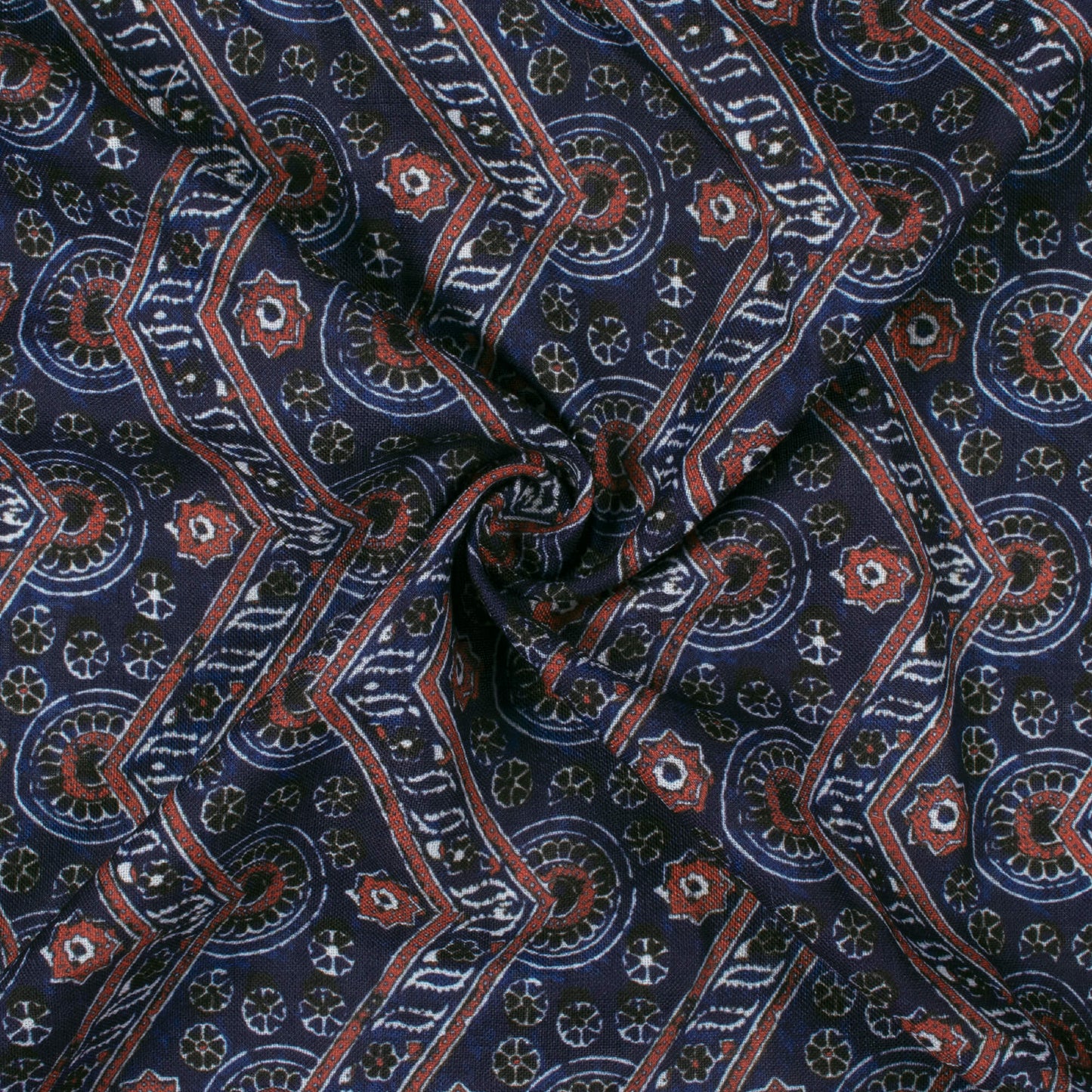 Space Blue And Maroon Ajrakh Pattern Digital Print Linen Textured Fabric (Width 56 Inches)