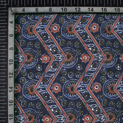 Space Blue And Maroon Ajrakh Pattern Digital Print Linen Textured Fabric (Width 56 Inches)