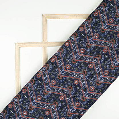 Space Blue And Maroon Ajrakh Pattern Digital Print Linen Textured Fabric (Width 56 Inches)
