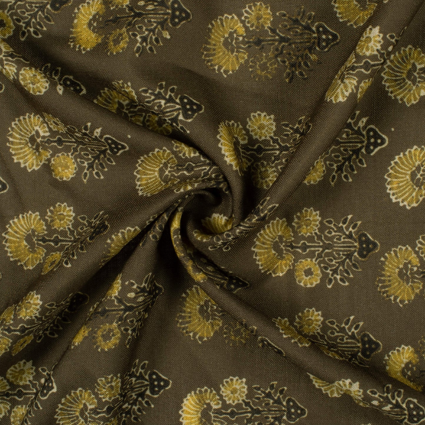 Olive Green Floral Pattern Digital Print Linen Textured Fabric (Width 56 Inches)