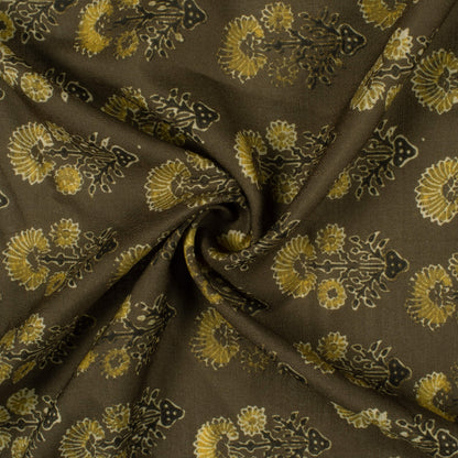 Olive Green Floral Pattern Digital Print Linen Textured Fabric (Width 56 Inches)