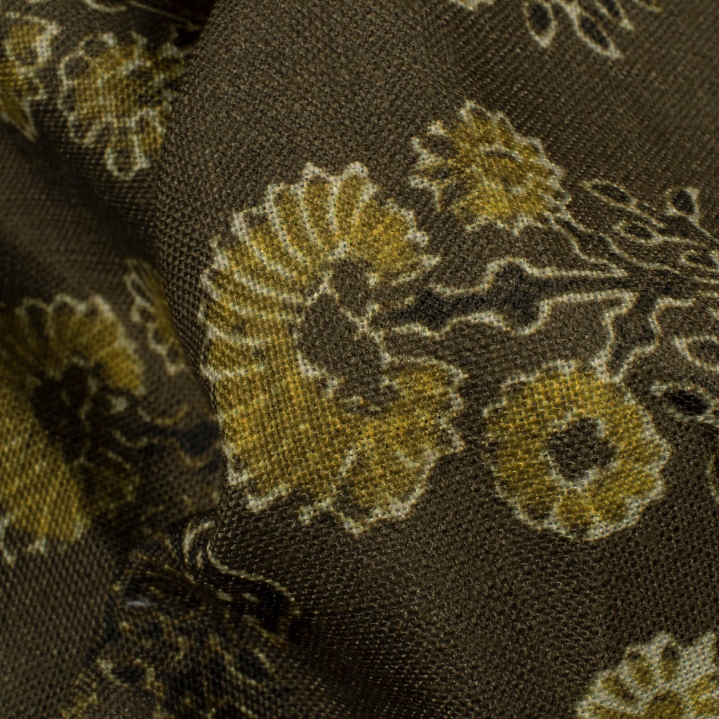 Olive Green Floral Pattern Digital Print Linen Textured Fabric (Width 56 Inches)