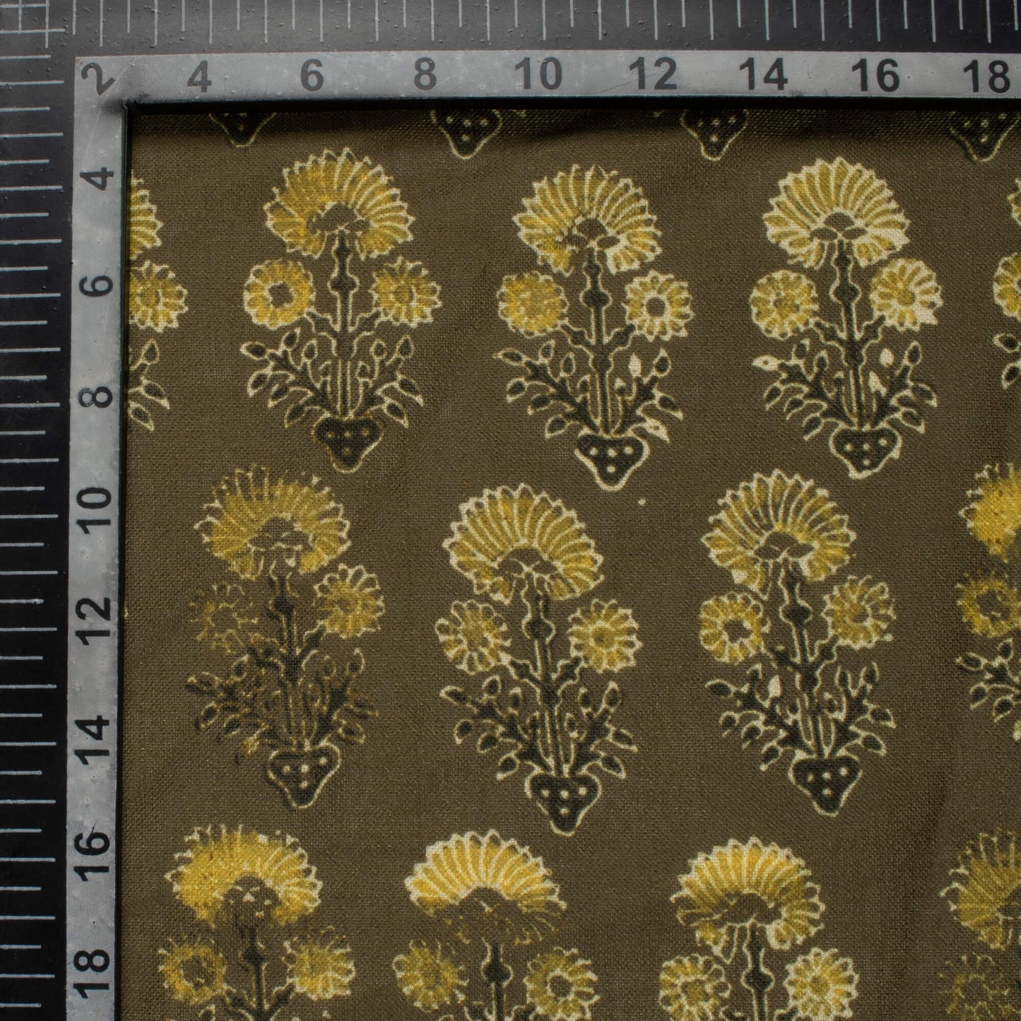 Olive Green Floral Pattern Digital Print Linen Textured Fabric (Width 56 Inches)