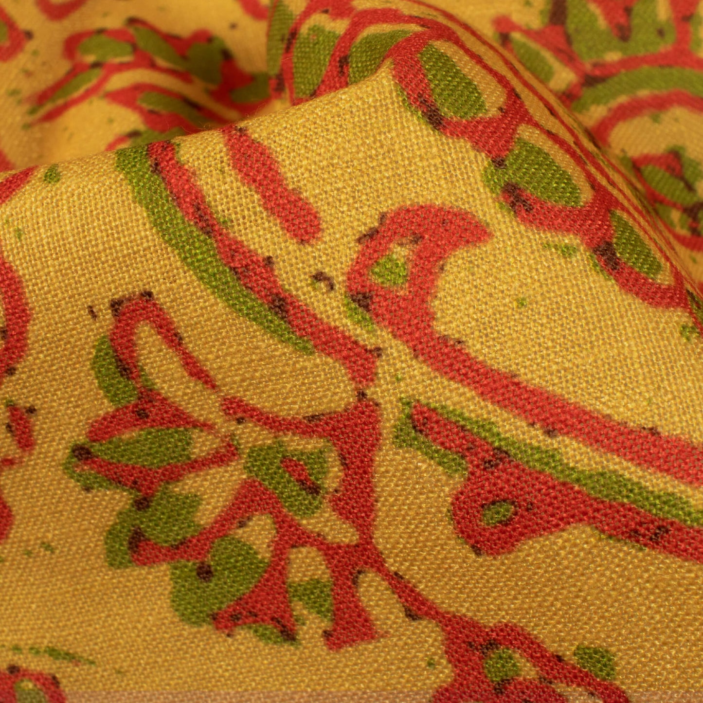 Goldenrod Yellow And Red Floral Pattern Digital Print Linen Textured Fabric (Width 56 Inches)