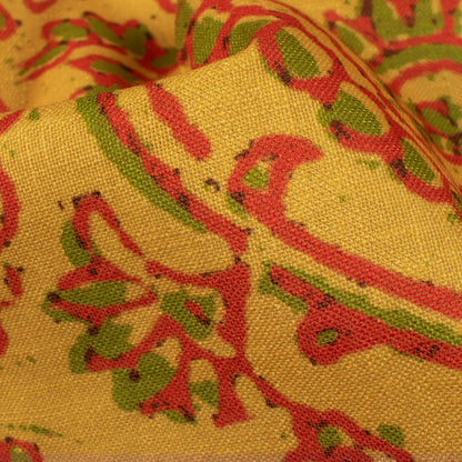Goldenrod Yellow And Red Floral Pattern Digital Print Linen Textured Fabric (Width 56 Inches)