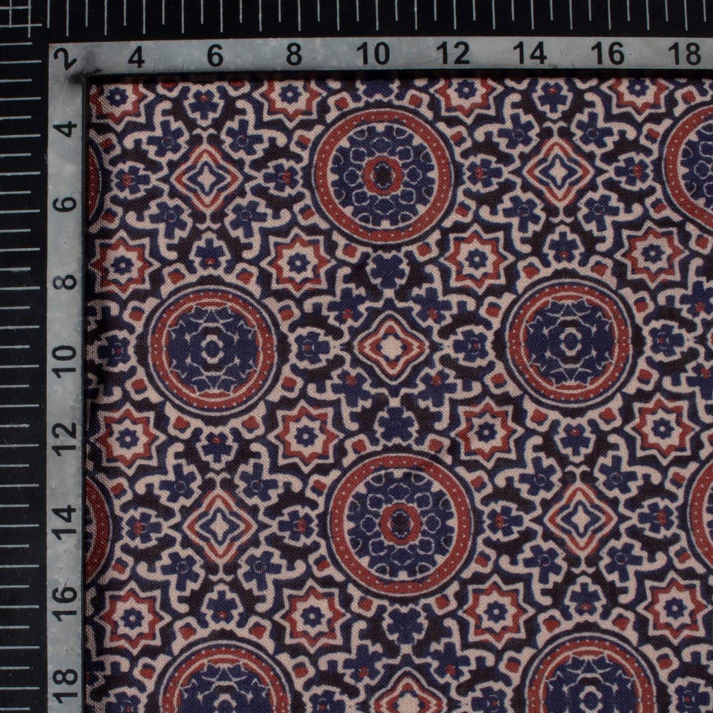 Dark Blue And Sangria Red Ajrakh Pattern Digital Print Linen Textured Fabric (Width 56 Inches)