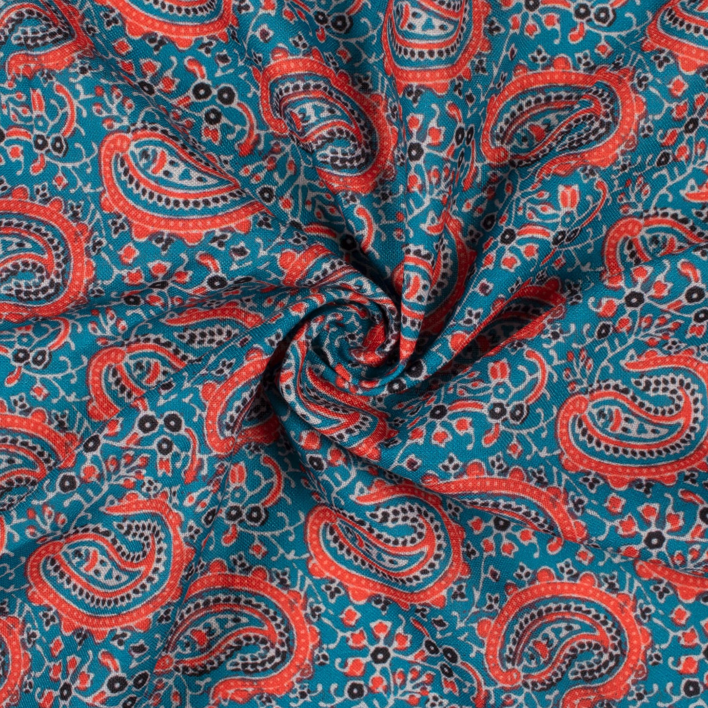 Peacock Blue And Persian Red Paisley Pattern Digital Print Linen Textured Fabric (Width 56 Inches)