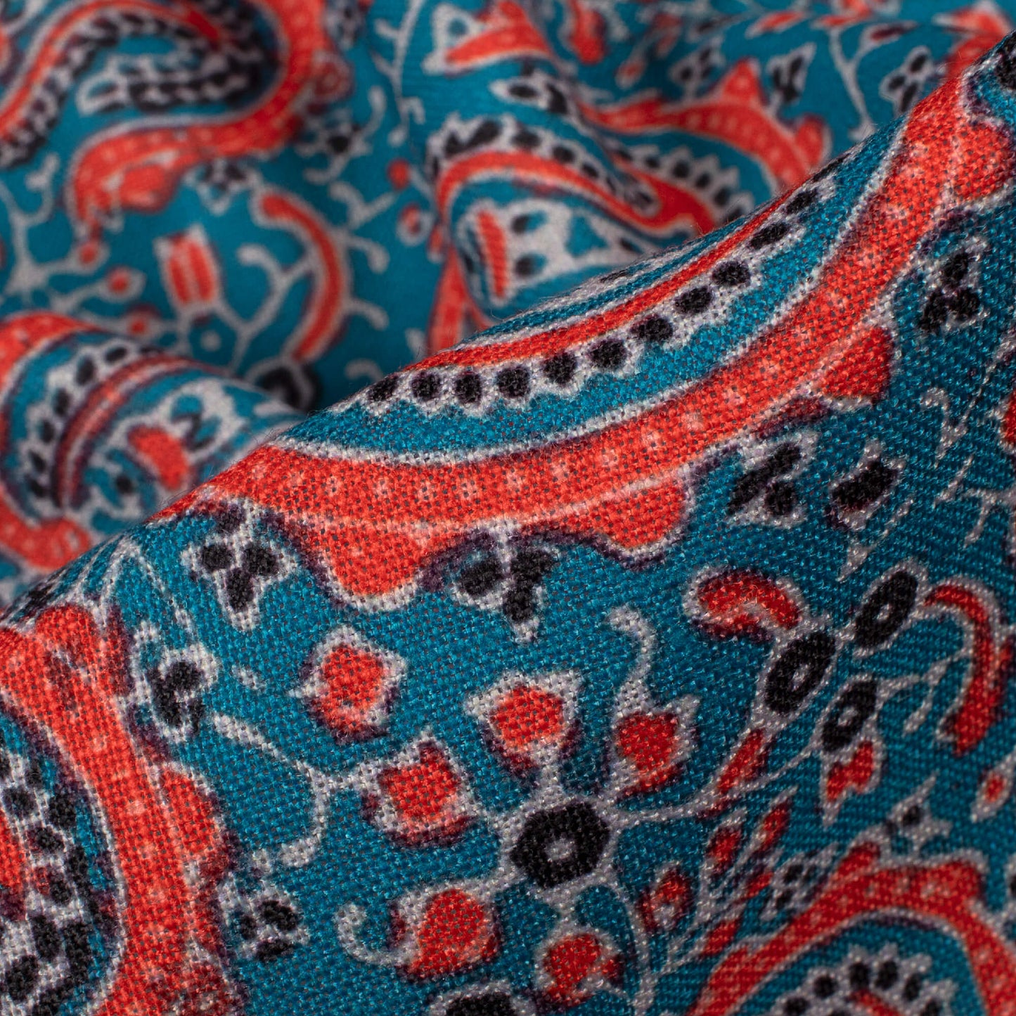 Peacock Blue And Persian Red Paisley Pattern Digital Print Linen Textured Fabric (Width 56 Inches)