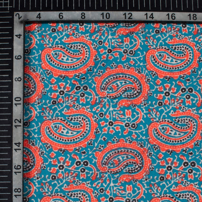 Peacock Blue And Persian Red Paisley Pattern Digital Print Linen Textured Fabric (Width 56 Inches)