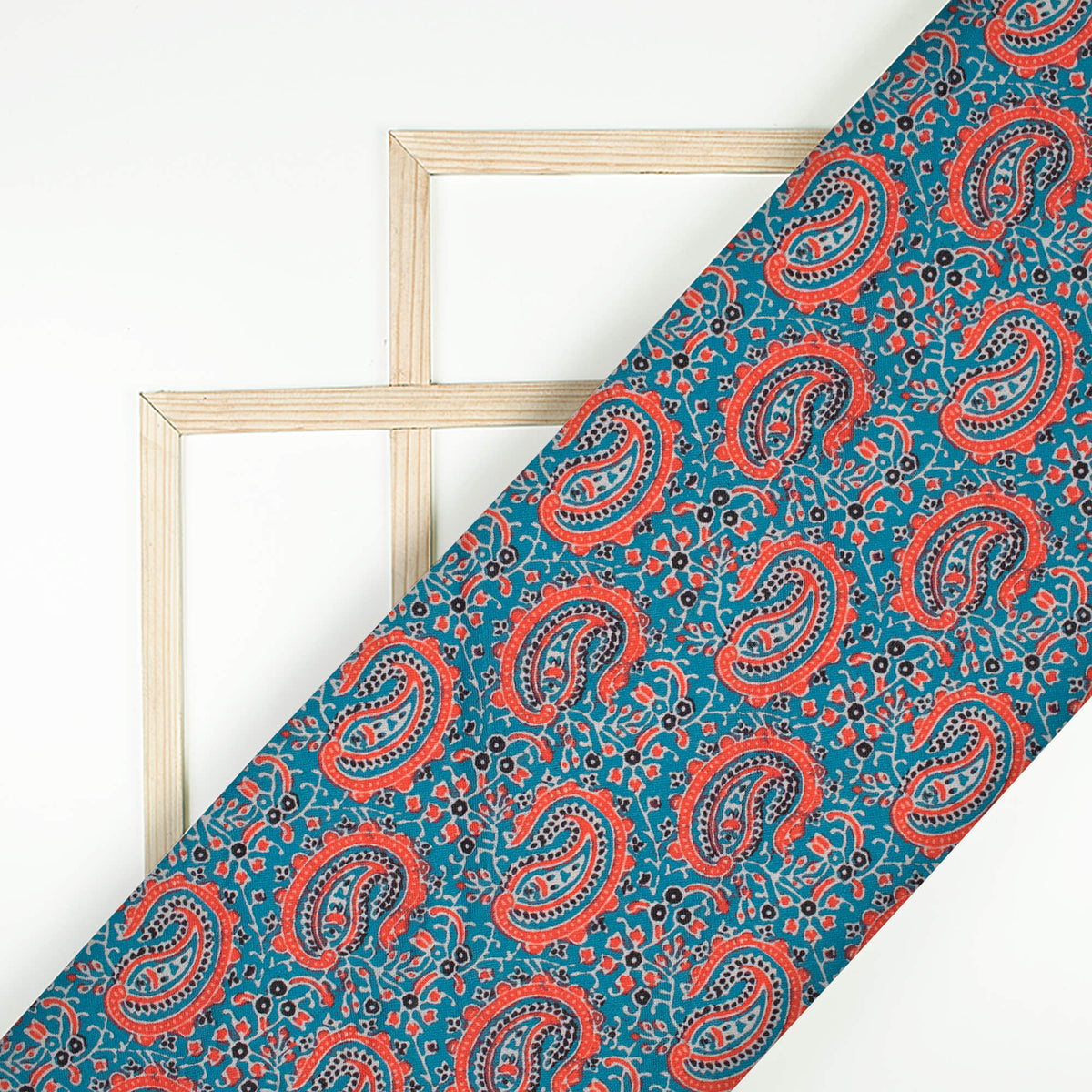 Peacock Blue And Persian Red Paisley Pattern Digital Print Linen Textured Fabric (Width 56 Inches)