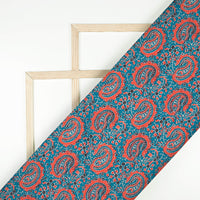 Peacock Blue And Persian Red Paisley Pattern Digital Print Linen Textured Fabric (Width 56 Inches)