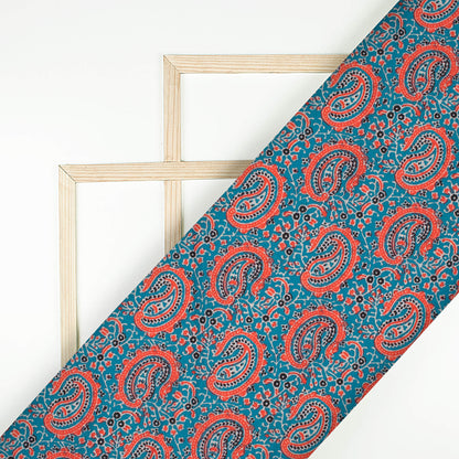 Peacock Blue And Persian Red Paisley Pattern Digital Print Linen Textured Fabric (Width 56 Inches)