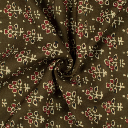 Army Green And Maroon Ajrakh Pattern Digital Print Linen Textured Fabric (Width 56 Inches)
