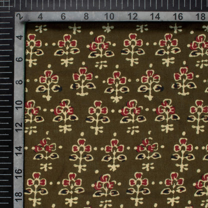 Army Green And Maroon Ajrakh Pattern Digital Print Linen Textured Fabric (Width 56 Inches)