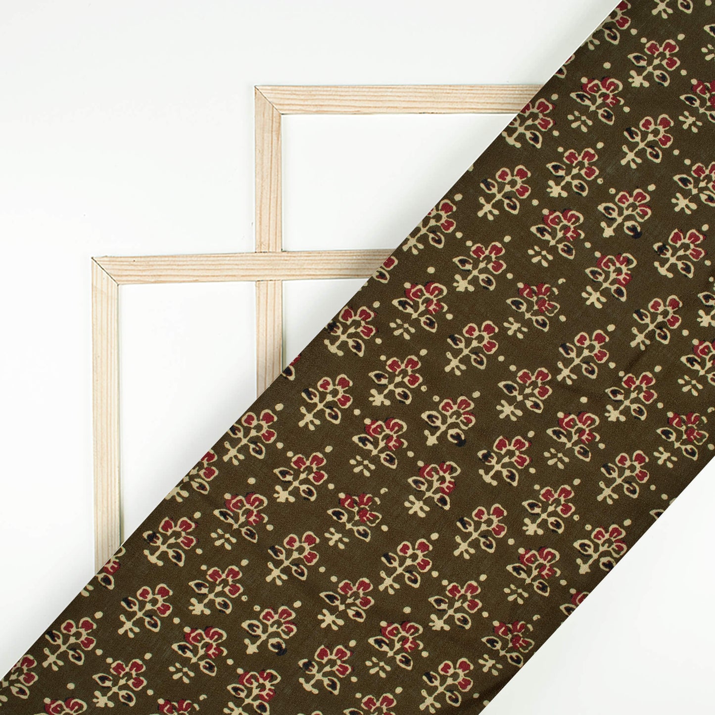 Army Green And Maroon Ajrakh Pattern Digital Print Linen Textured Fabric (Width 56 Inches)