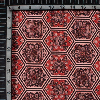 Sangria Red And Black Ajrakh Pattern Digital Print Linen Textured Fabric (Width 56 Inches)