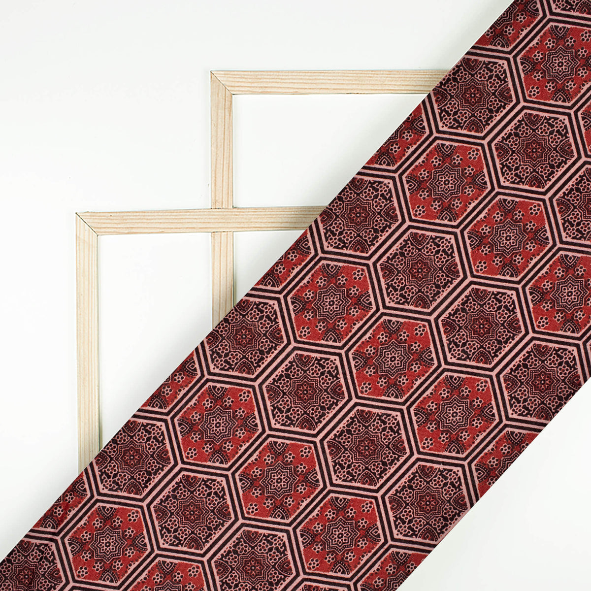 Sangria Red And Black Ajrakh Pattern Digital Print Linen Textured Fabric (Width 56 Inches)