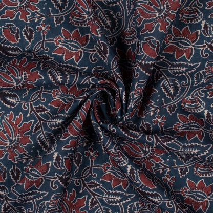 Aegean Blue And Maroon Ajrakh Pattern Digital Print Linen Textured Fabric (Width 56 Inches)