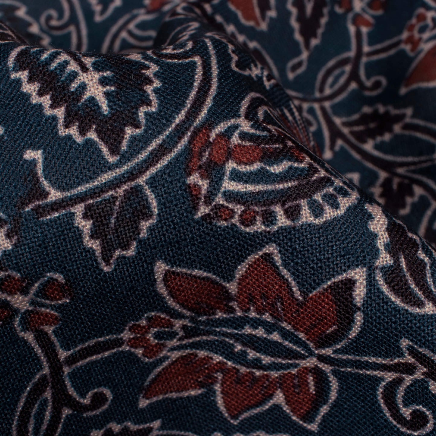 Aegean Blue And Maroon Ajrakh Pattern Digital Print Linen Textured Fabric (Width 56 Inches)