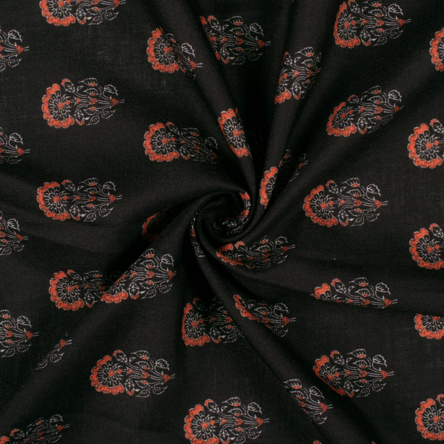 Black And Orange Floral Pattern Digital Print Linen Textured Fabric (Width 56 Inches)