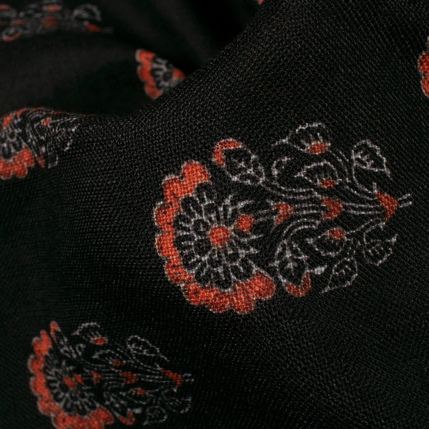 Black And Orange Floral Pattern Digital Print Linen Textured Fabric (Width 56 Inches)