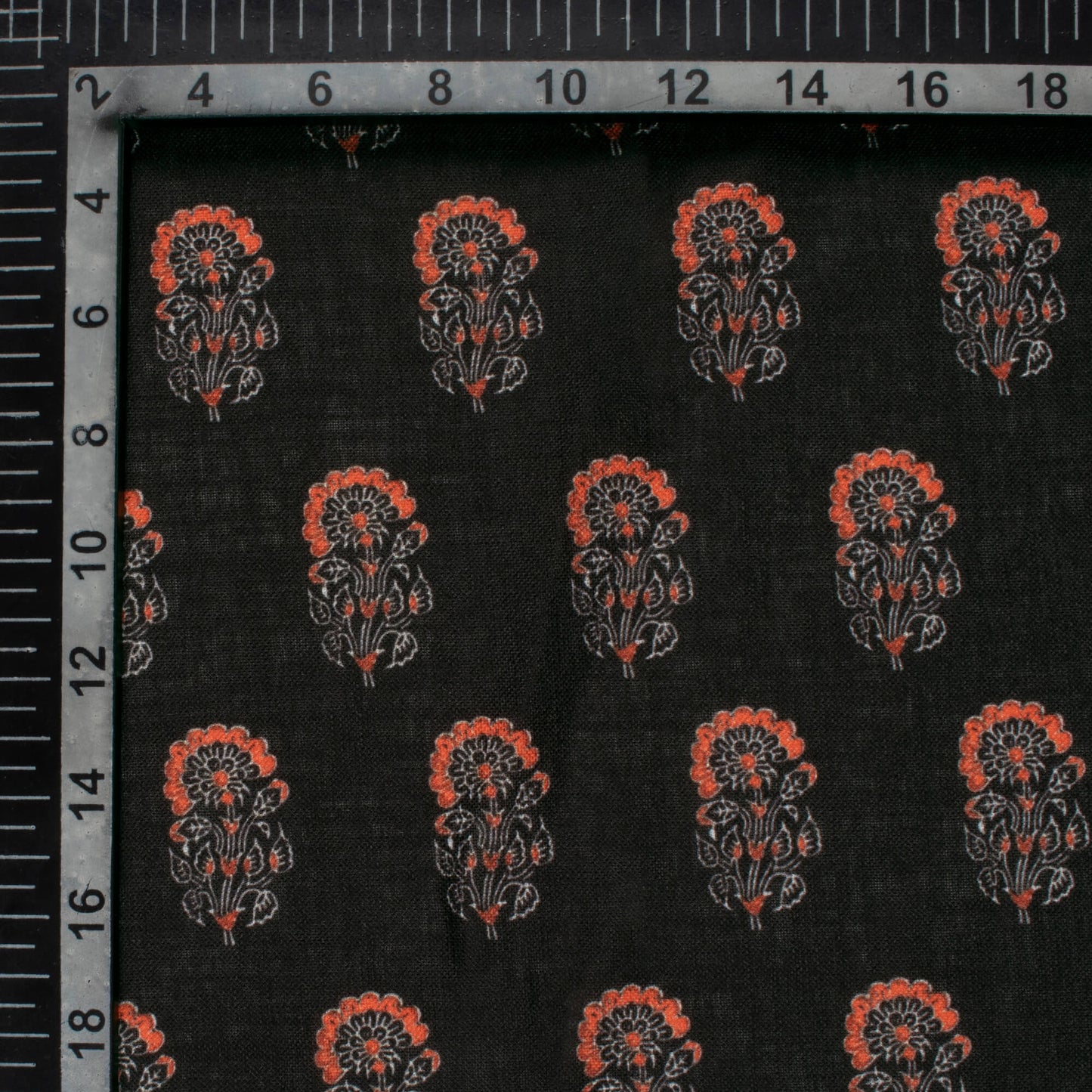 Black And Orange Floral Pattern Digital Print Linen Textured Fabric (Width 56 Inches)