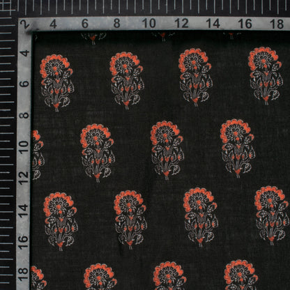 Black And Orange Floral Pattern Digital Print Linen Textured Fabric (Width 56 Inches)
