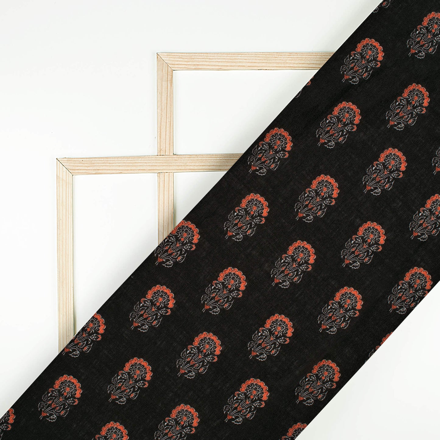 Black And Orange Floral Pattern Digital Print Linen Textured Fabric (Width 56 Inches)