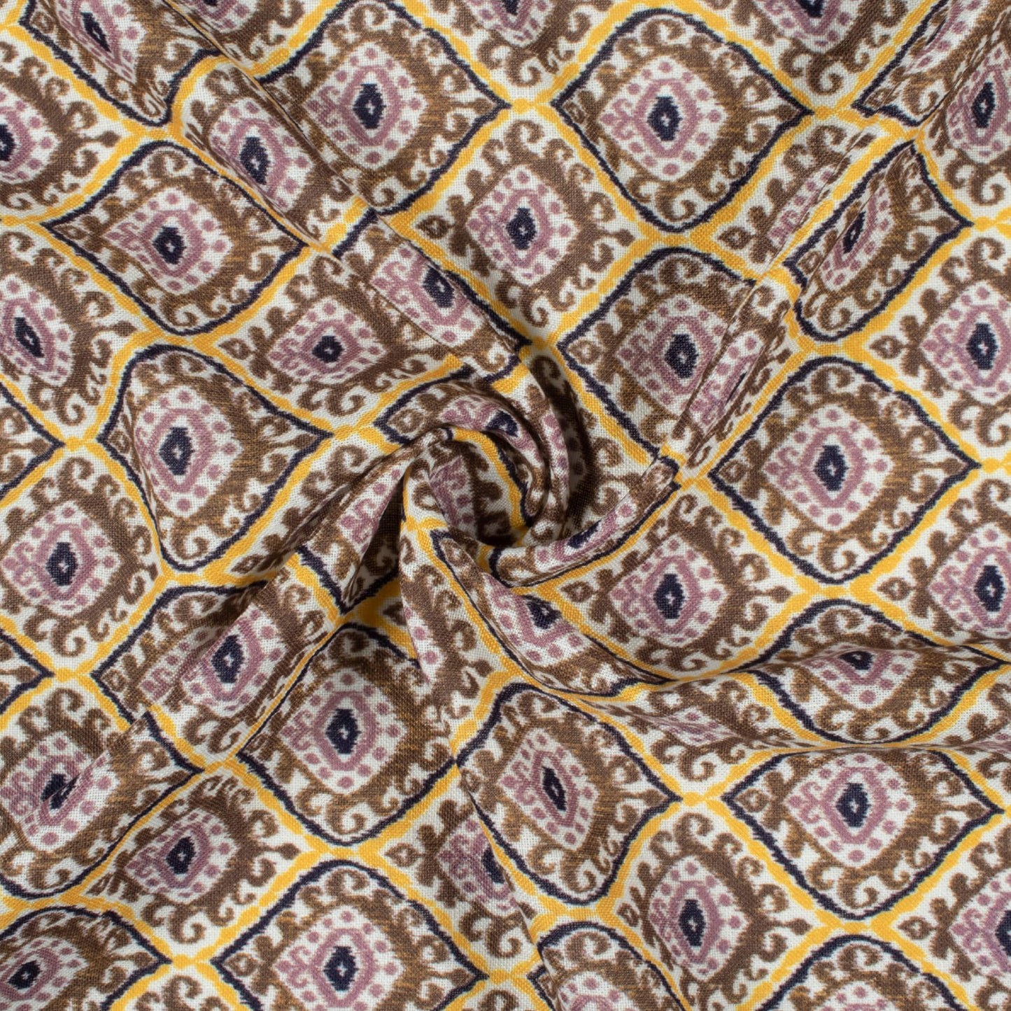 Coffee Brown And Honey Yellow Trellis Pattern Digital Print Linen Textured Fabric (Width 56 Inches)