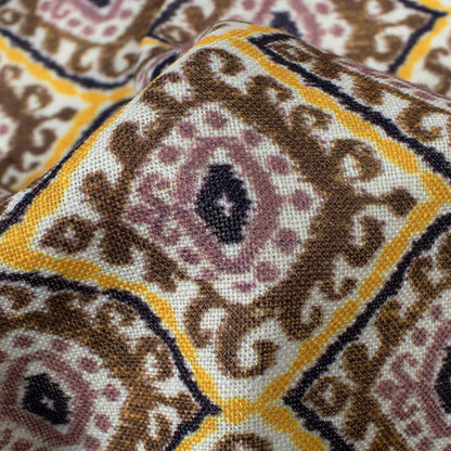 Coffee Brown And Honey Yellow Trellis Pattern Digital Print Linen Textured Fabric (Width 56 Inches)