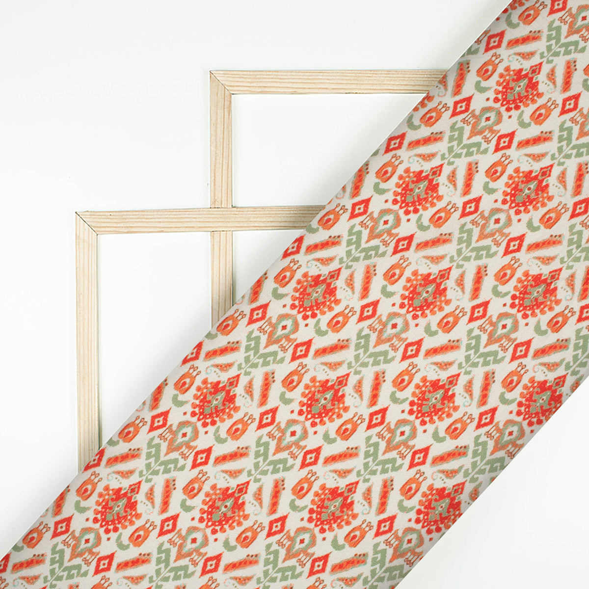 Fire Brick Red And Off White Ethnic Pattern Digital Print Linen Textured Fabric (Width 56 Inches)