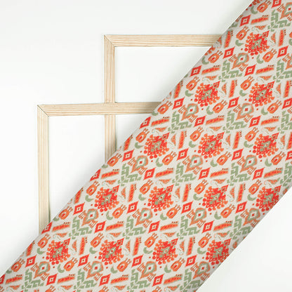 Fire Brick Red And Off White Ethnic Pattern Digital Print Linen Textured Fabric (Width 56 Inches)