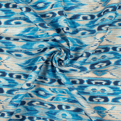 Cerulean Blue And Cream Stripes Pattern Digital Print Linen Textured Fabric (Width 56 Inches)