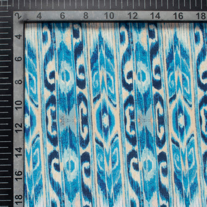 Cerulean Blue And Cream Stripes Pattern Digital Print Linen Textured Fabric (Width 56 Inches)